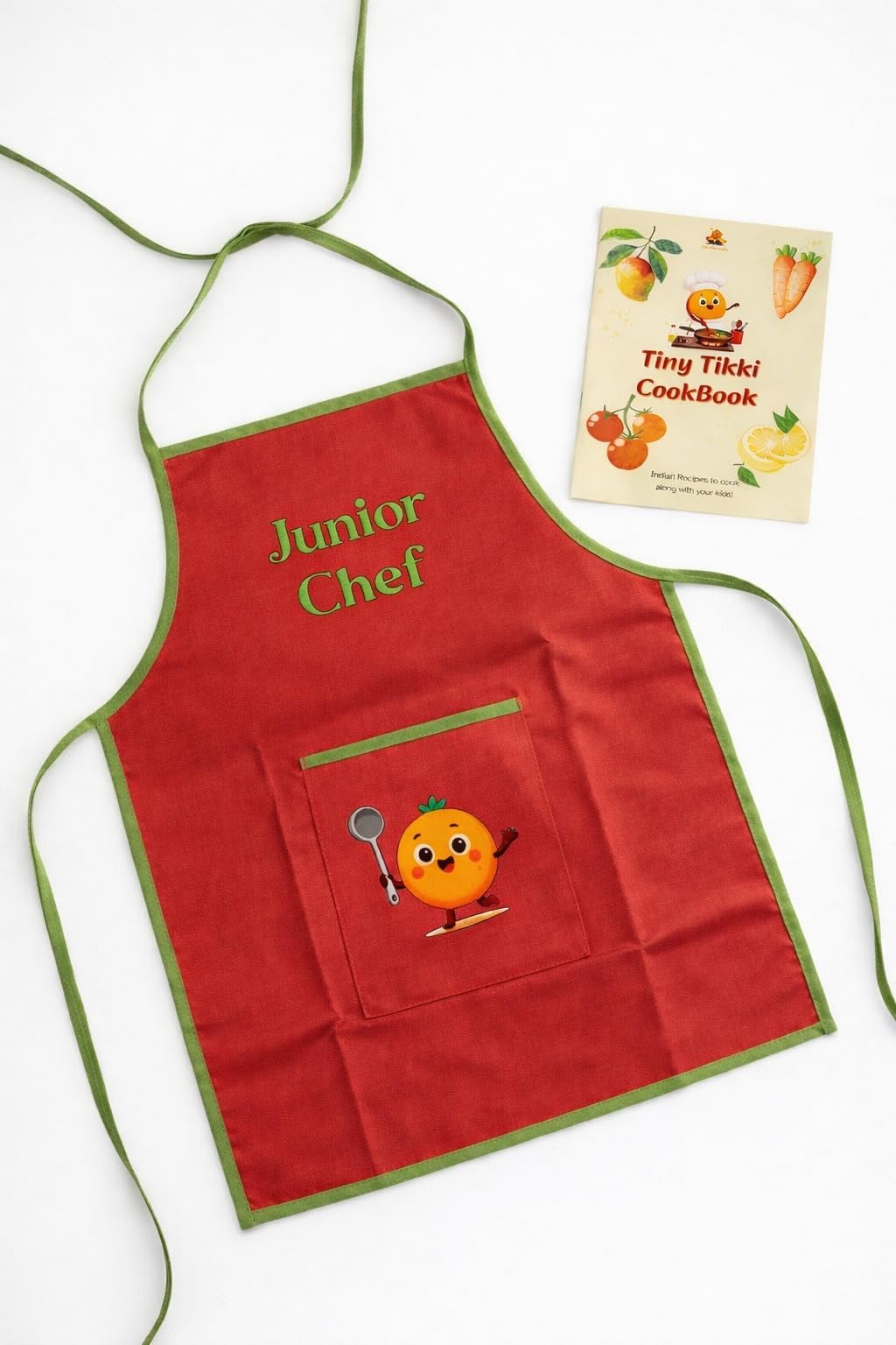 Little Chef Kids Apron with Tiny Tikki Cookbook, Green/Red, Cotton, Front Pocket, Cooking Set for Children