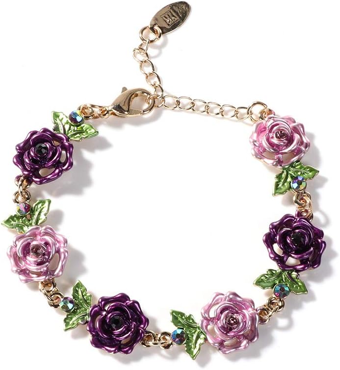 Flower Bracelet,Colorful Link Bracelets Rose Flower Leaf Bangle Bracelet Anklet Cloisonne National Chain Hand Jewelry With Charm rhinestones For Women Lady Girl,With Adjustable Extension Chain Gift Box