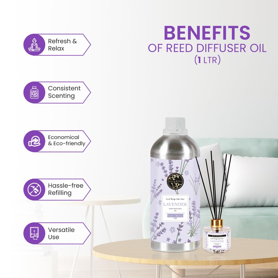 Soul & Scents Lavender Reed Diffuser Refill for Fragrance | Free 18 Fiber Reed Sticks | Long Lasting | Smoke Less Room Freshener for Home, Bedroom, Living Room & Office | 1Ltr 1