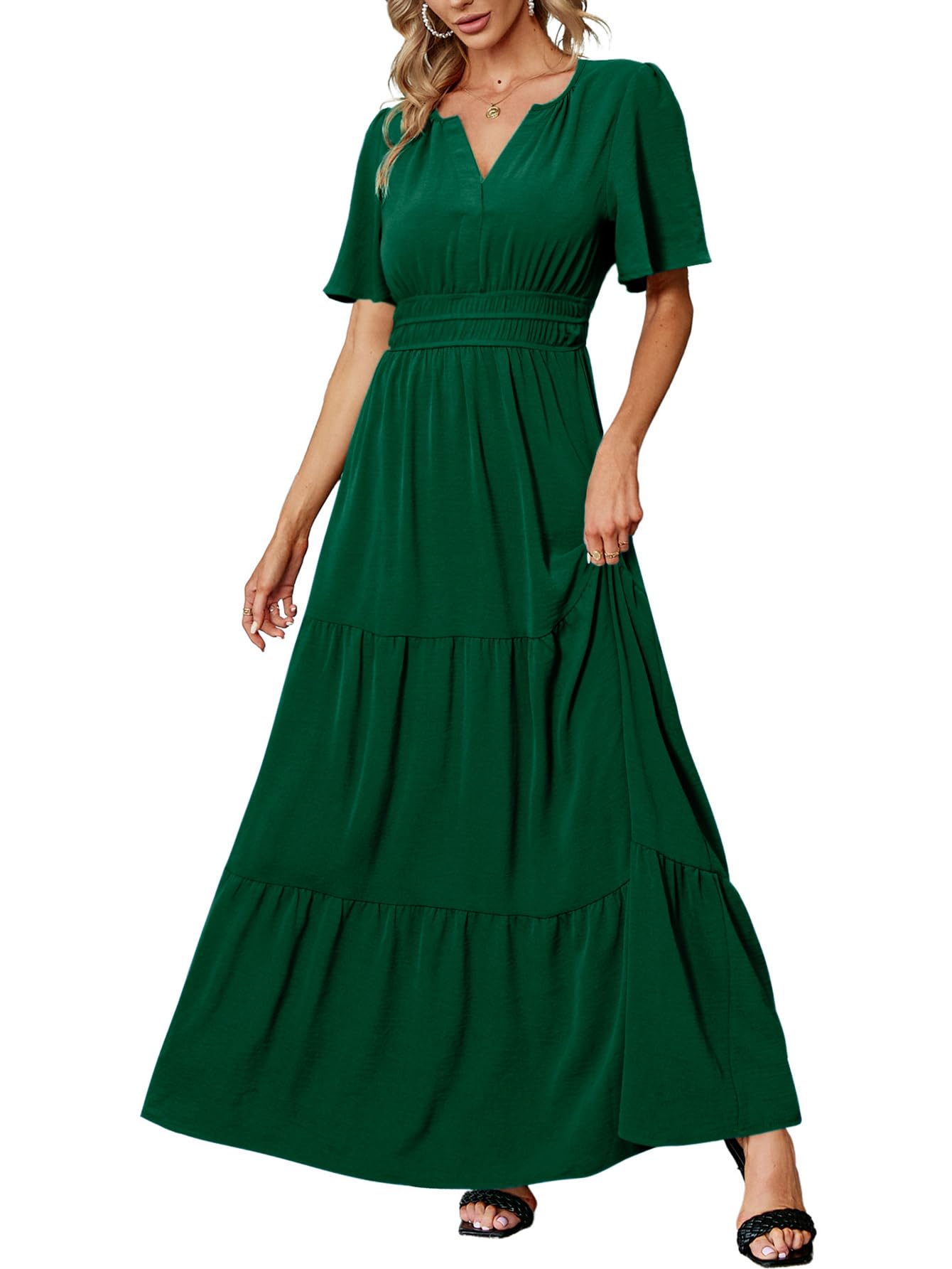 Amegoya Women's Short Sleeve V Neck Formal Wedding Guest Maxi Dresses Spring Fall Evening Party Long Dresses