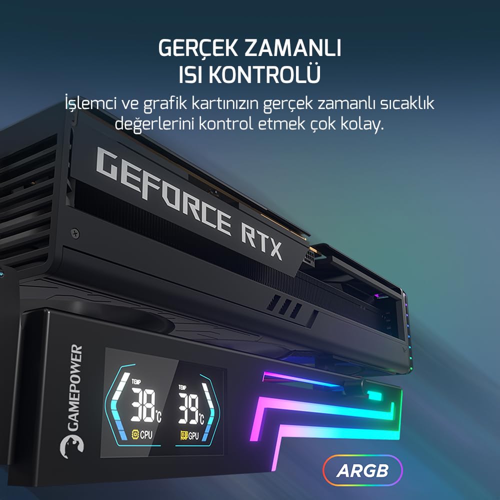 GAMEPOWER Heatsync ARGB LCD Support de carte graphique Noir - Support GPU avec affichage de la température CPU/GPU en temps réel - Écran 2,64" - Synchronisation ARGB 5 V 3 broches - Construction en