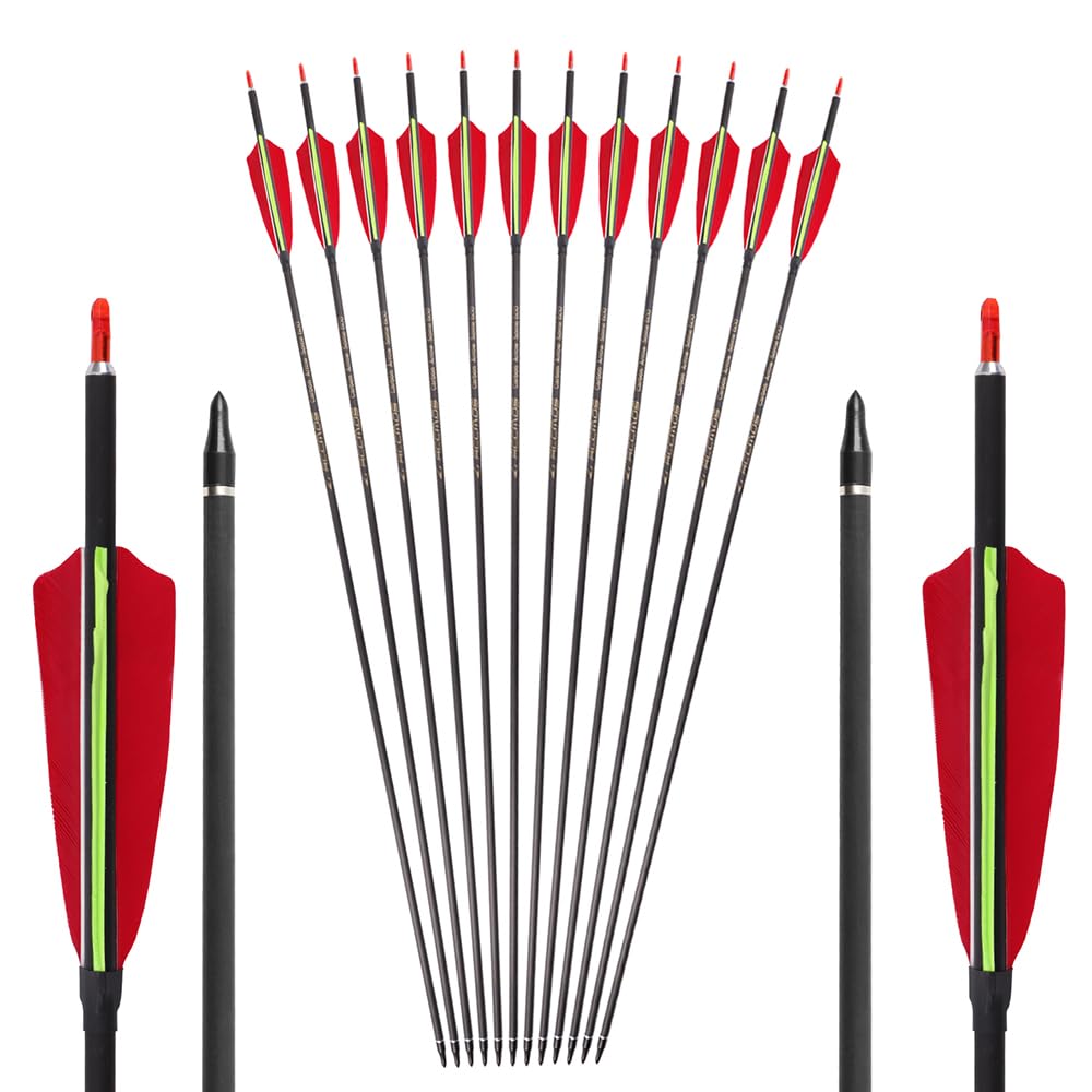 12 Pezzi Frecce da Tiro con L'Arco ID 6,2 mm Etichetta Dorata Freccia da Pratica, Spine 300 350 400 500 600 700 Freccia da Caccia 4 Pollici Rosso Verde Piume di Tacchino