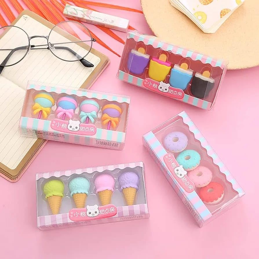 Image of Ice Cream Shaped Eraser Set for Kids, Stationary Set, Rubber for Kids, Kawaii Erasers, Fancy for Birthday Return Gift - Pack of 4 (QH-8418)