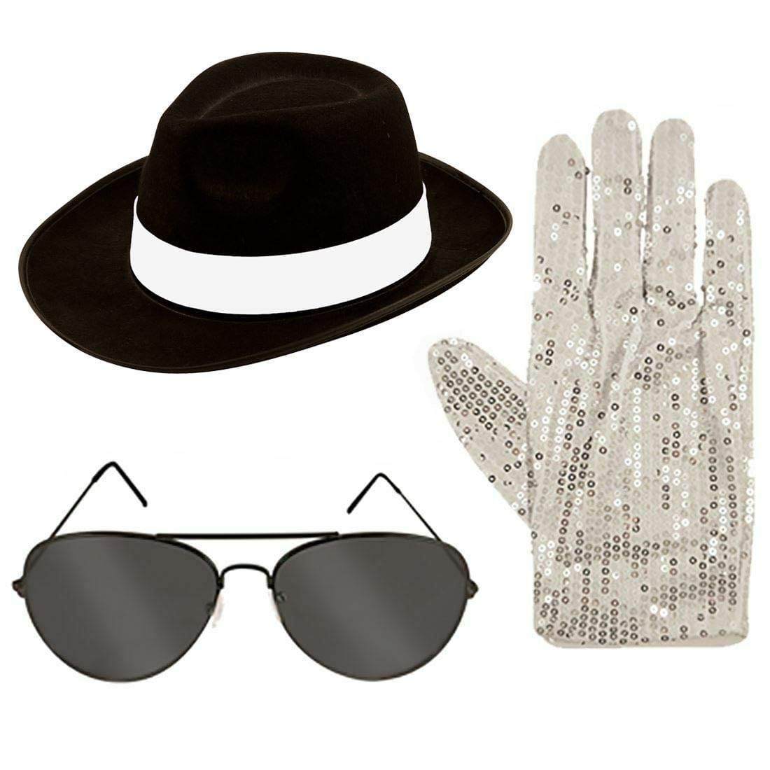 Gizelle Pop Ican Gangster Hat Glasses Gloves Set - Adults king of pop Cosplay Accessory Aviator Shades 1980’s Fancy Dress Set (Hat + Glasses + Gloves Set)