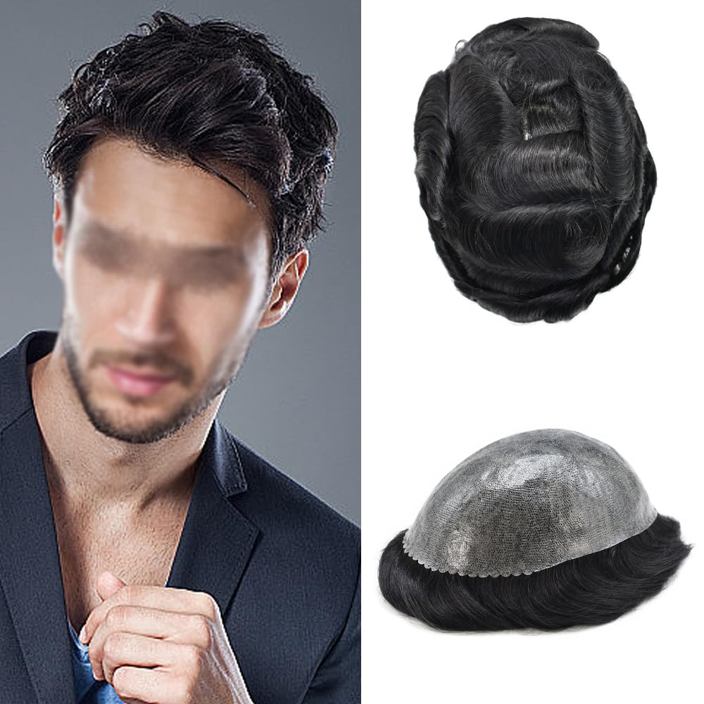 LYRICAL HAIR Toupee for Men Hair Replacement System Full Poly Thin Skin Mens Toupee All PU Toupee Hairpiece for Men Human Hair Piece Grey White Black