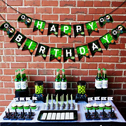 Video Game Party Supplies-Gamer Birthday Party Supplies Including Gaing Paper Plates,Cups,Napkins, Straws And Happy Birthday Banner For Boy Gamer Birthday Party Decoration