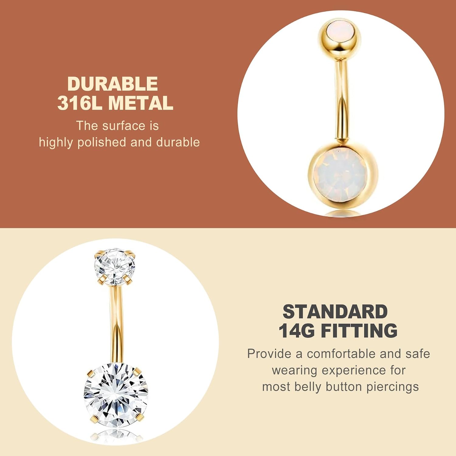 9 Pcs Belly Button Rings 14G Stainless Steel Navel Piercing Body Accessories for Women Gold CZ Opal Pearl Clicker Ring Set Fashion Body Decor Gifts for Summer Beach
