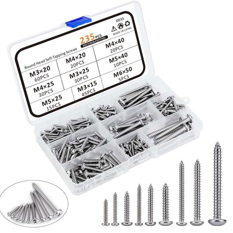 Generic 235Pcs/set 304 Stainless Steel Screw Set M3 M4 M5 M6 Round Pan Head Self-tapping Screw Screws Assortment Kit Wood Screws - (Color: 235pcs)