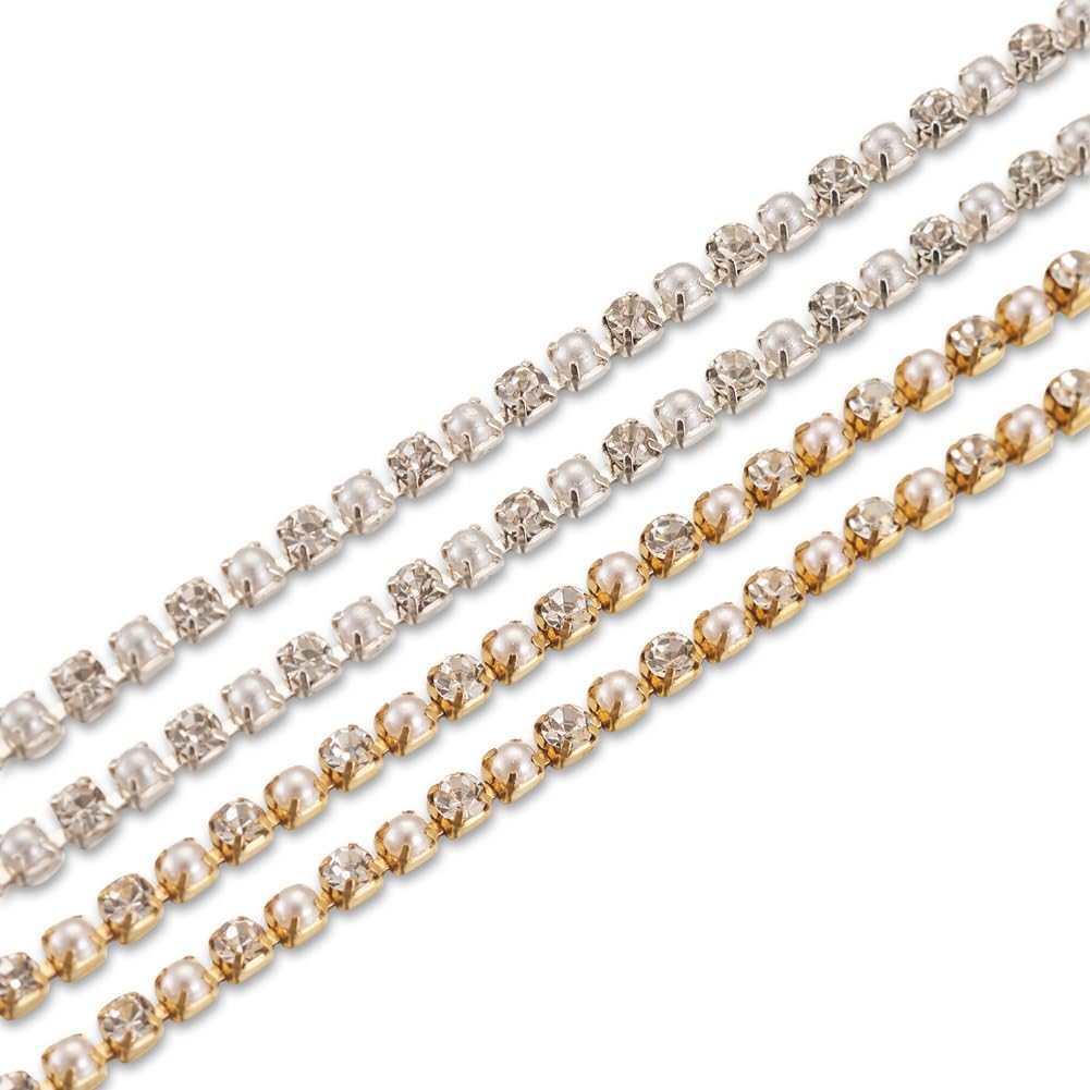Fashewelry 10 Yards 2mm Rhinestone Pearl Trim Crystal Clear Rhinestone Fringe with Golden Silver Cup Chain Ends for Clothes Sewing Crafts Wedding Party Decoration