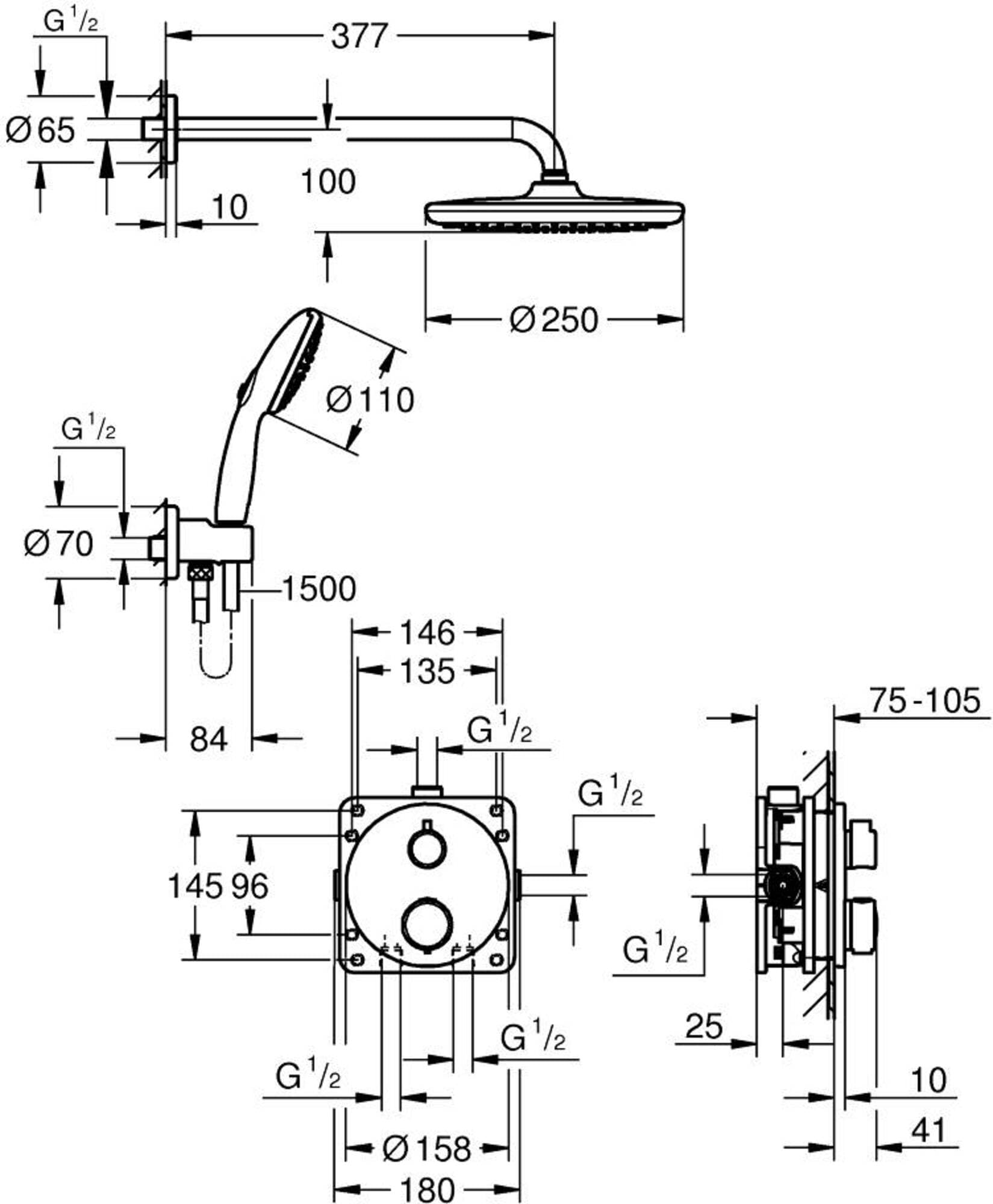 Grohe Precision Thm Ri + Trim Shower Rd Zestaw Prysznicowy, Mat Czarny, 25 x 50,2 x 96 cm; 6,37 kg