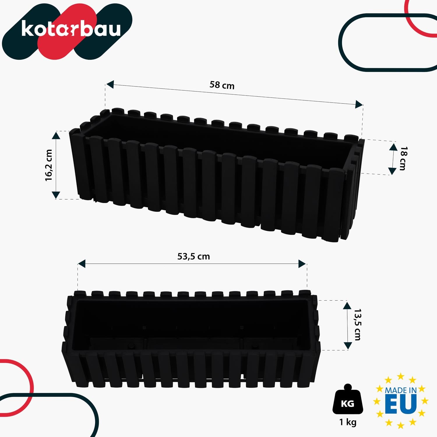 KOTARBAU® 4 pz Fioriera da Esterno - Vaso per Piante Autoirrigante - 58 x 18 x 16 cm - Antracite - Fioriera da Balcone - Vaso Rettangolare da Esterno in Plastica