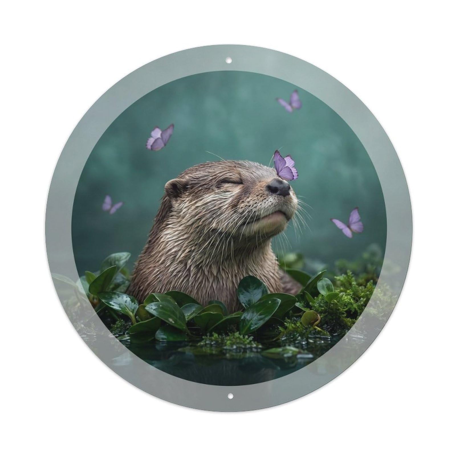 River Otter Purple Butterfly Cute Wildlife Wetland Dream Metal Tin Sign Plaque Wall Decor for Cafe, Man Cave, Club Bar, Office, Home Garden Round Metal Poster 8x8Inch