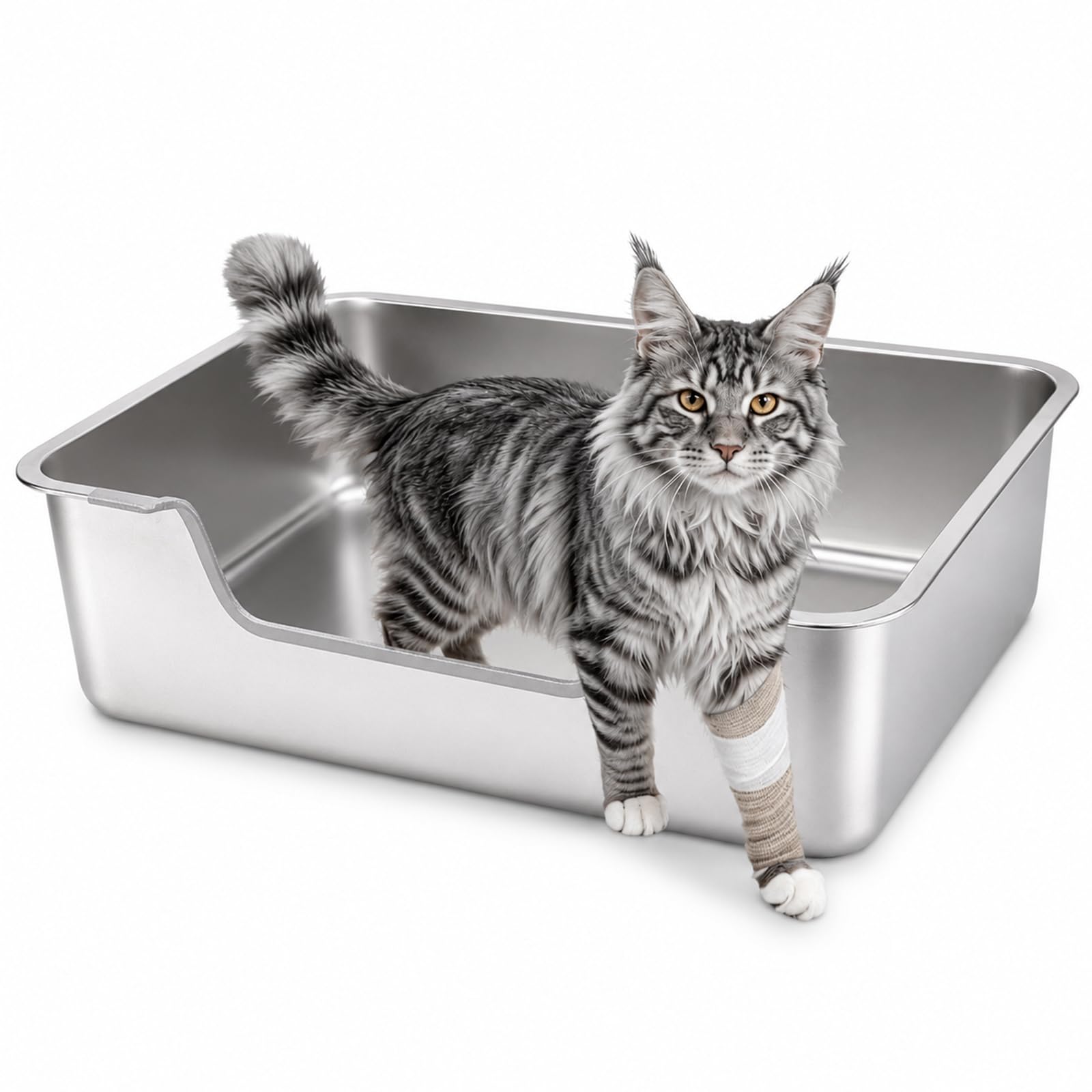 Sbayool Stainless Steel Cat Litter Tray, Low Entry Open-Top Litter Pan