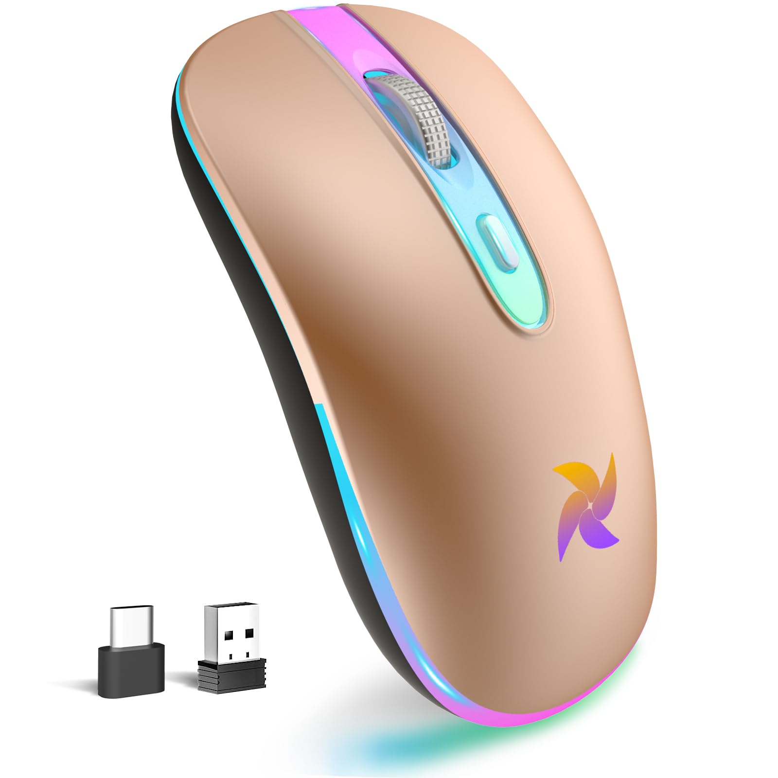 HZD Wireless Rechargeable Mouse,2.4G Portable Slim Silent Mouse with USB Receiver & Type C Adapter,3 Adjustable DPI 1600/1200/800 for Laptop/Computer(Champagne)-image-22