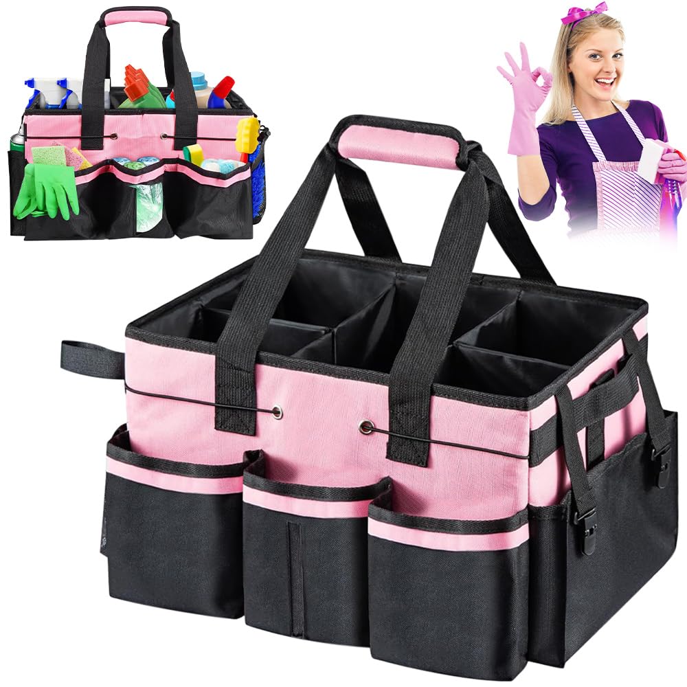Skjjm Pink Cleaning Caddy With Handle, Foldable Large Cleaning Caddy Bag With Detachable Divide, Adjustable Shoulder Strap Multiple Pockets For Housekeepers Tote Bag Organiser For Home Car Garden (Pink)