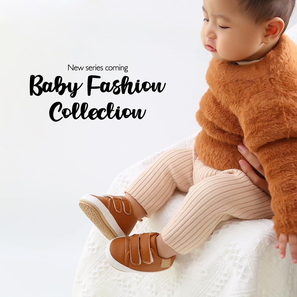 BEIDI Baby Girls Boys Shoes Soft Anti-Slip Sole Newborn First Walkers Star High Top Canvas Denim Unisex Infant Sneaker (F-Brown, 12-18 Months)