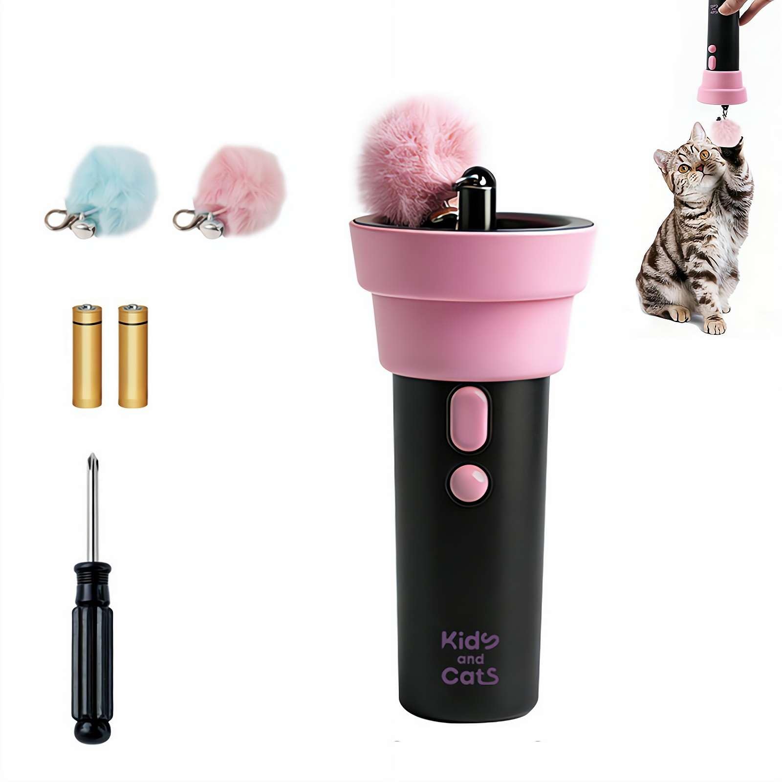 Electric Cat Teaser Launcher - Handheld Automatic Fluffy Pom-Pom Toy with 2 Replaceable Heads, Interactive Wand for Cats & Small Dogs, 2-Color Design (Pink/Cyan) with Batteries Included