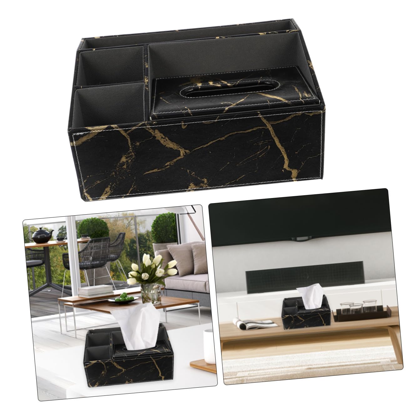Caja de Almacenamiento Multifuncional 3 Compartimentos, Cuero Grueso Veta de Mármol Negra y Soporte para Control Remoto, Organizador de Escritorio para Hogar, Oficina y Hotel