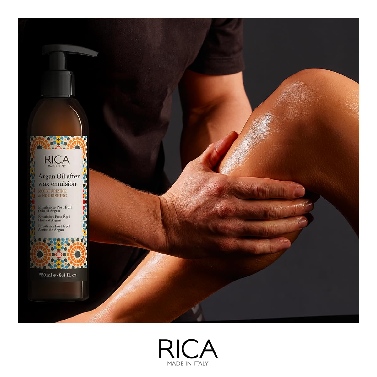 RICA | Argan Oil After Wax Emulsion 500 ml Post-Epilazione con Vitamina E e Fitosteroli | Idratante, Lenitiva ed Elasticizzante | Rimuove i Residui di Cera | Senza Parabeni e Coloranti | Made in Italy