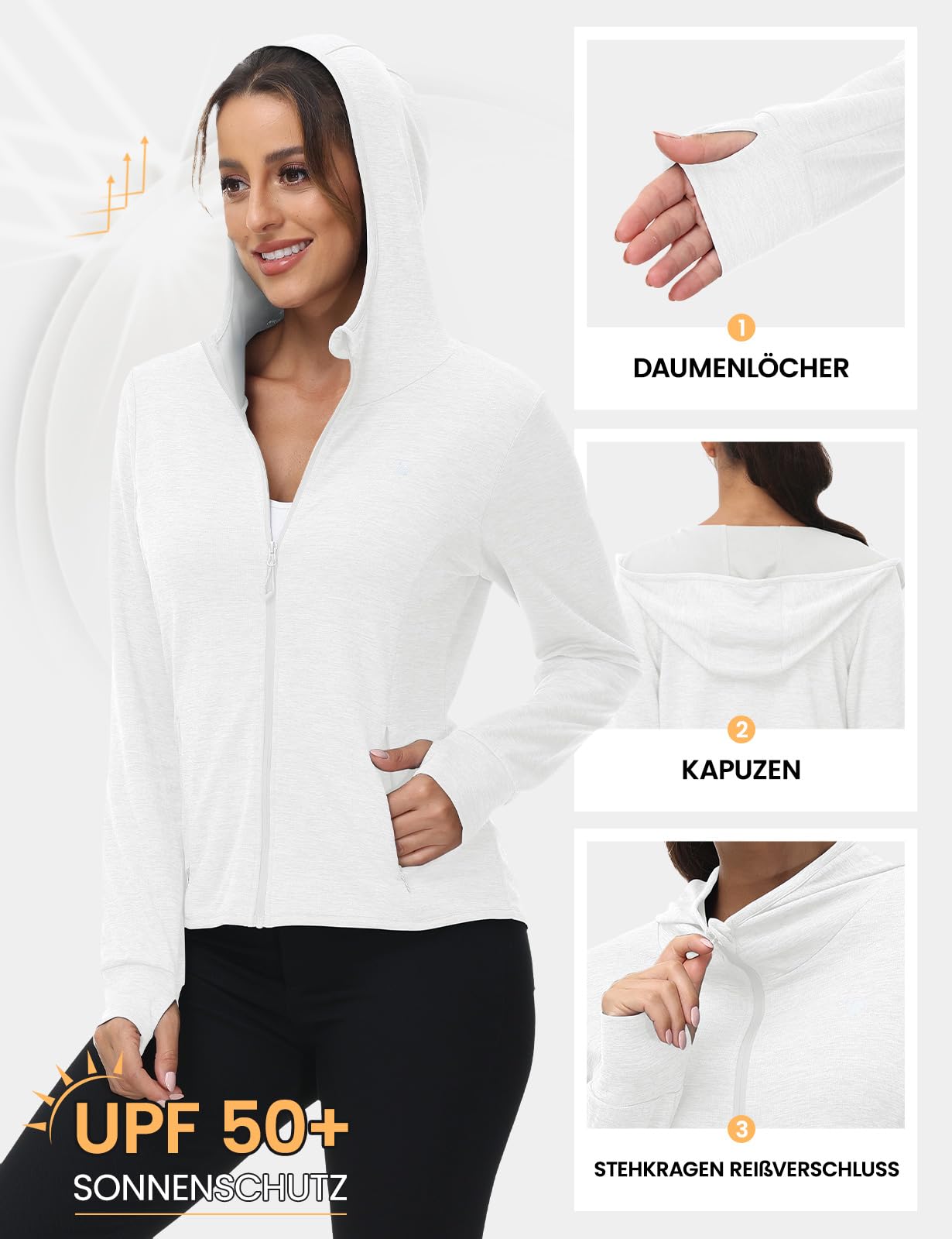 Rdruko Veste de course pour femme avec capuche UPF 50+, protection solaire, sweat à capuche, fermeture éclair, veste de sport, veste de cyclisme, veste de cyclisme, manches longues, pour la course, le