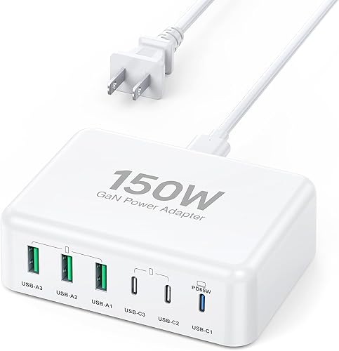 Cargador rápido USB C, 150 W, 6 puertos de escritorio, PD GaN, cargador rápido, estación de carga, bloque de 65 W, adaptador de corriente USB C para