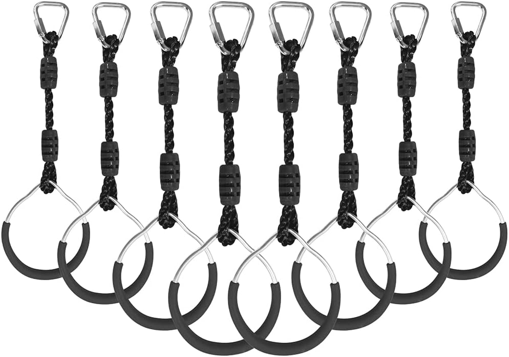Hanging Ninja Gymnastic Ring Swing Monkey Bar Climbing Bar Jungle Fist For Outdoor Indoor Backyard Activities, 8 Pack Black Obstacle Course Rings Workout Playground Training Equipment Trapeze Play Set