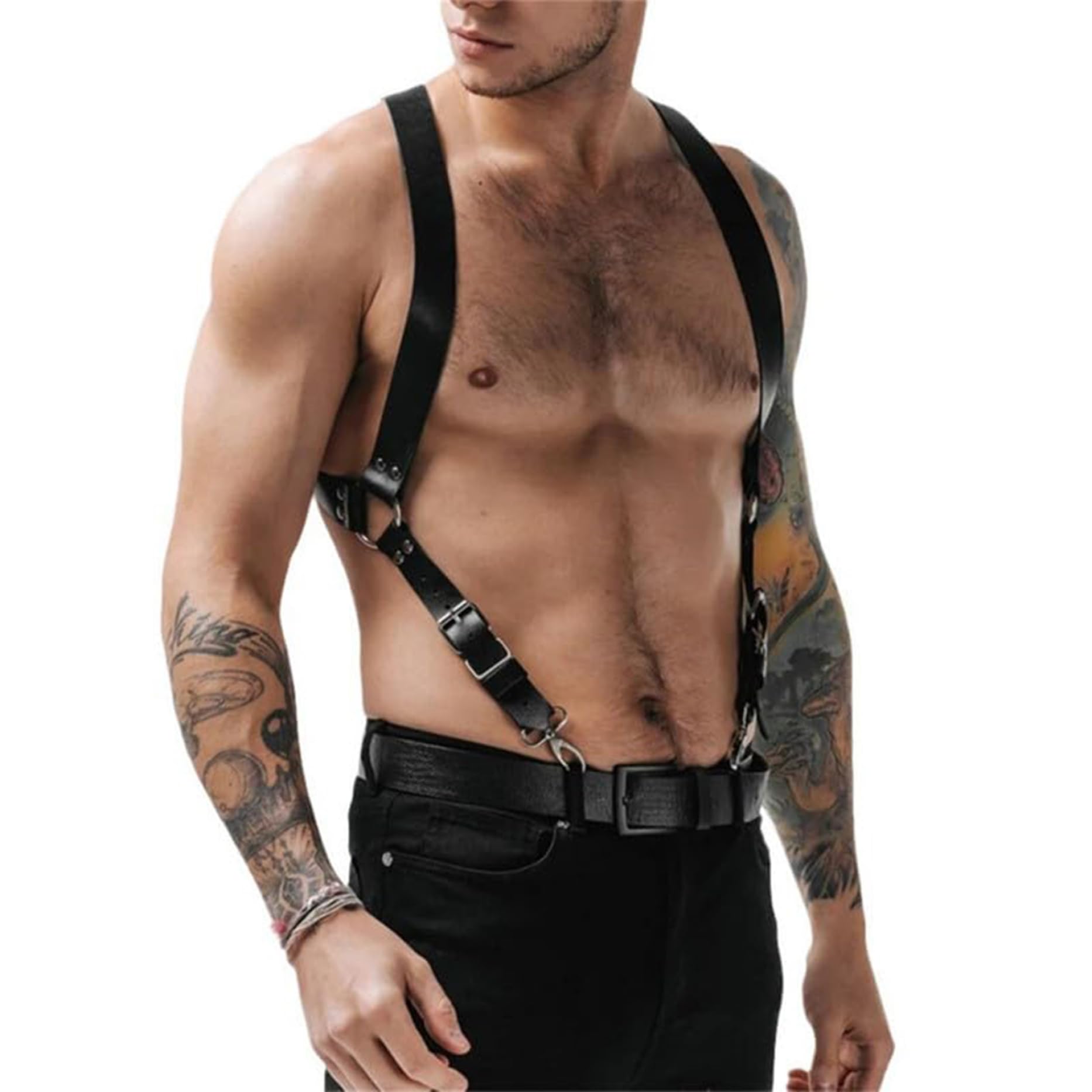 Imbracatura da uomo Imbracatura toracica regolabile sexy Pelle PU nera con clip Corpo resistente per camicie da uomo, spettacoli in discoteca e altro, Pelle