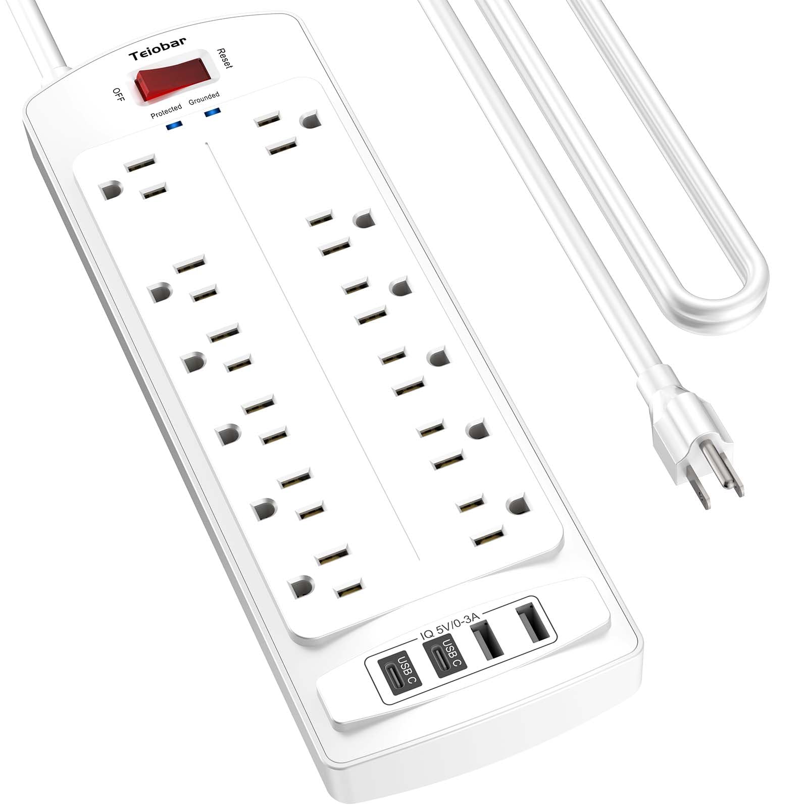 3m(10피트) 연장 코드 파워 스트립, Teiobar 서지 프로텍터, AC 콘센트 12개 및 USB 포트 4개, 가정, 사무실, 기숙사 필수품용, 2700줄, ETL 등록, 화이트