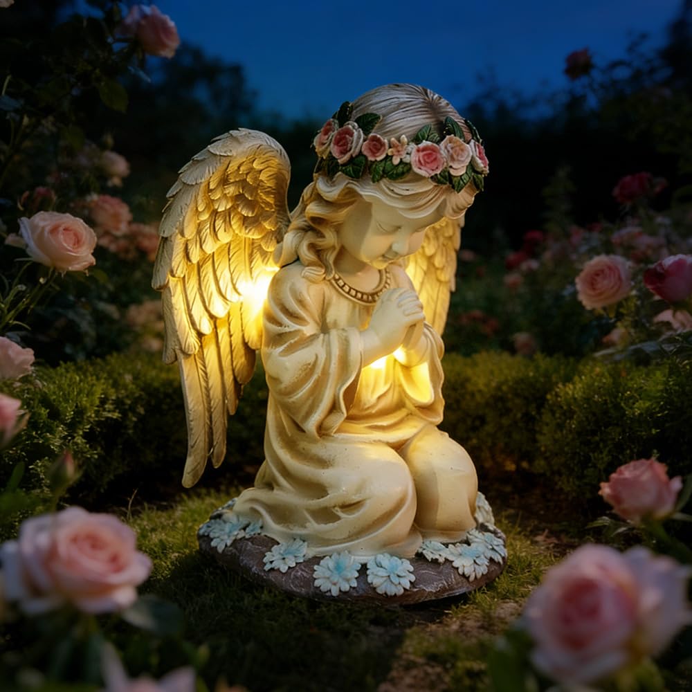 Statue da Giardino a Forma di Angelo Custode, Solare Statue Angeli Figure da Giardino con Angeli Solari con Luci a LED Resistente alle Intemperie Decorazione da Giardino a Forma di Angelo per Esterno