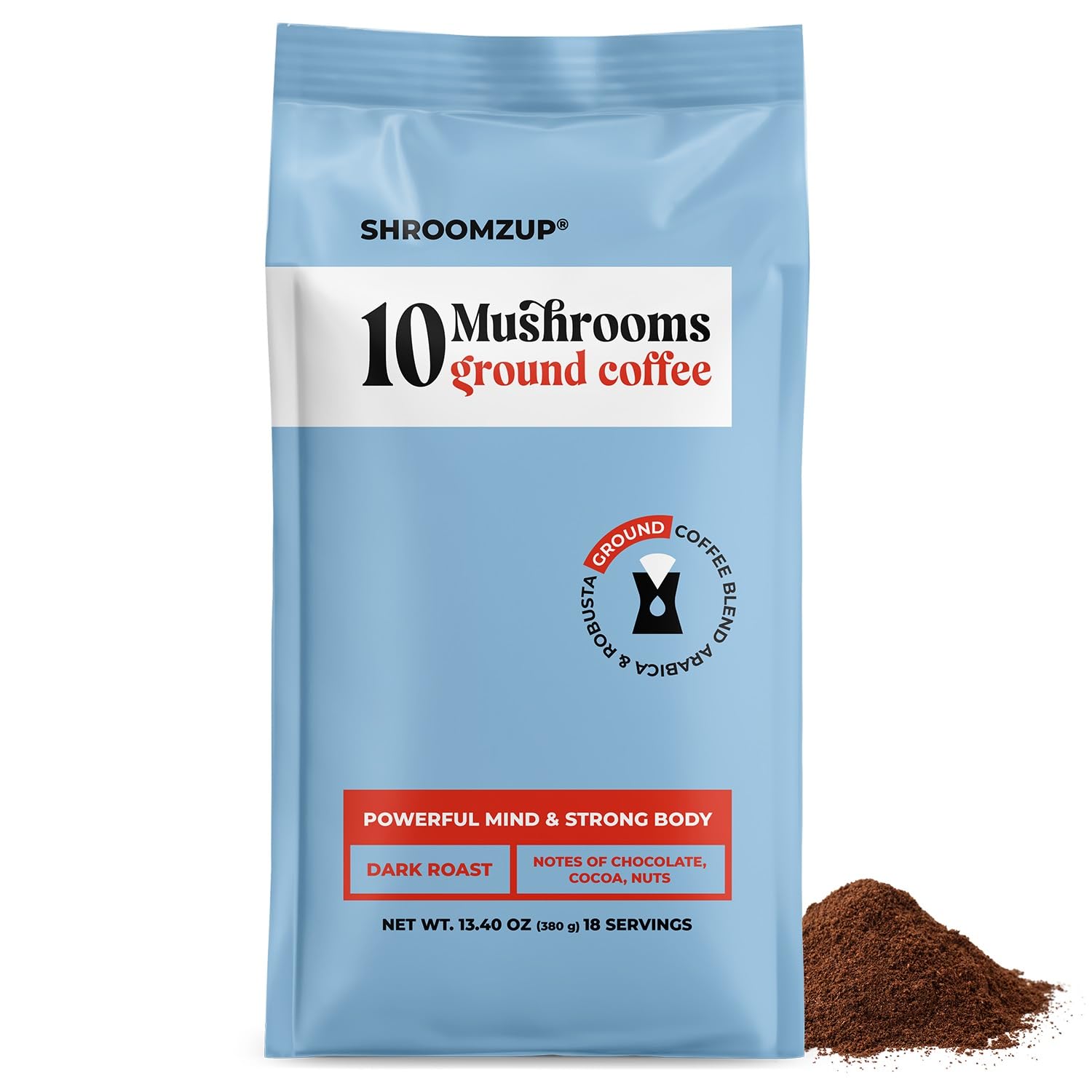 Shroomzup Ground Mushroom Coffee for Brewing - 10 Mushrooms Dark Roast - Lion's Mane, Reishi, Chaga, Turkey Tail, Cordyceps, Shiitake Mushroom Coffee