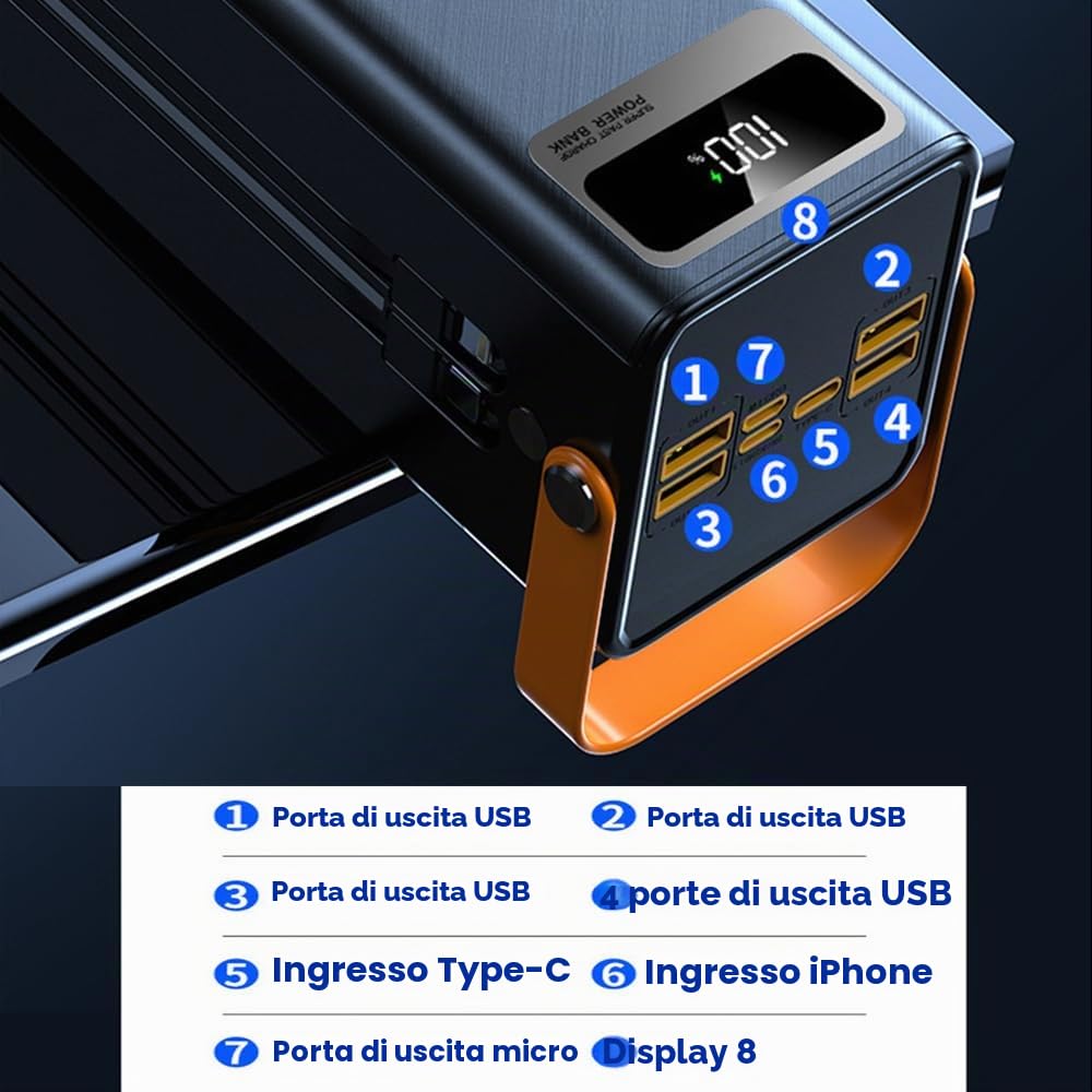 Power Bank 80000mAh USB Grande Batteria Con Display LED Powerbank A Ricarica Rapida Da 22,5 W Con Cavi Integrati Caricabatterie Portatile Compatibile Con Smartphone E Tablet(Size:80000Mah,Color:black)