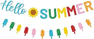 CAVLA Glitter Hello Summer Banner with Sunflower Signs and Colorful Glittery Popsicle Banner Hello Summer Ice Cream Garlan...
