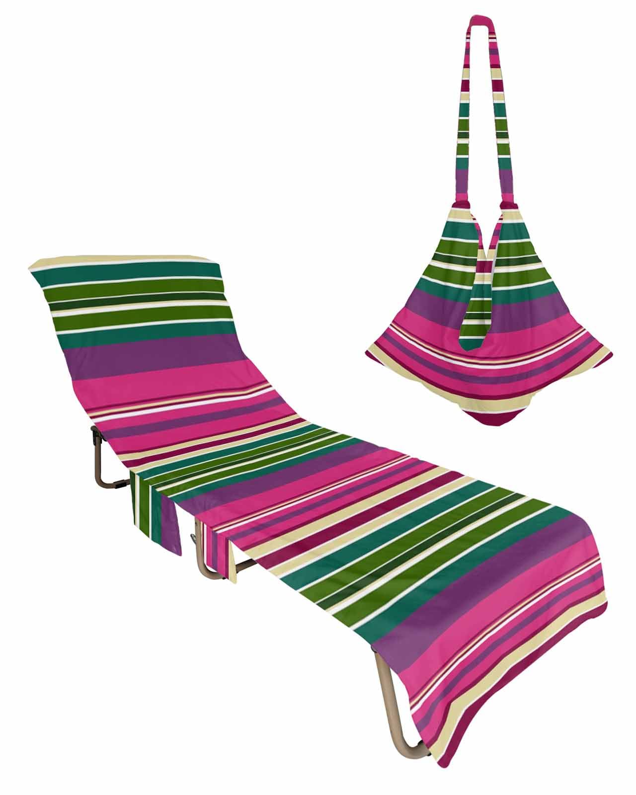 Colorful Stripes Beach Chair Towel Covers for Chaise Lounge with Side Pocket, Soft Plush Pool Towels Cover for Patio Sunbathing Outdoor 29''x85'' Modern Rainbow Abstract Geometric