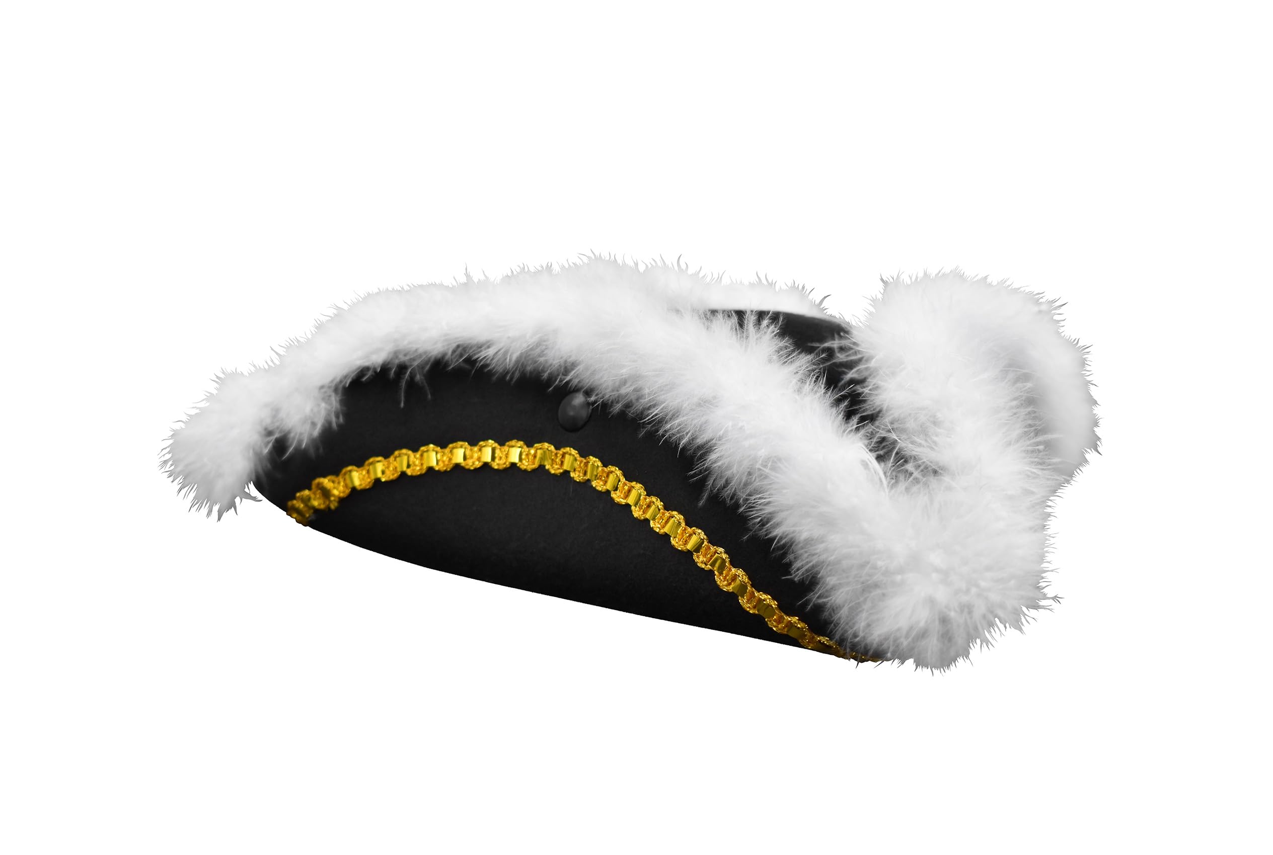 Nicky Bigs Novelties Tricorn Hat for Adults Black Colonial Pirate Hats with White Faux Feathers Gold Trim Costume Accessory for Men Women Revolutionary War Renaissance Cosplay