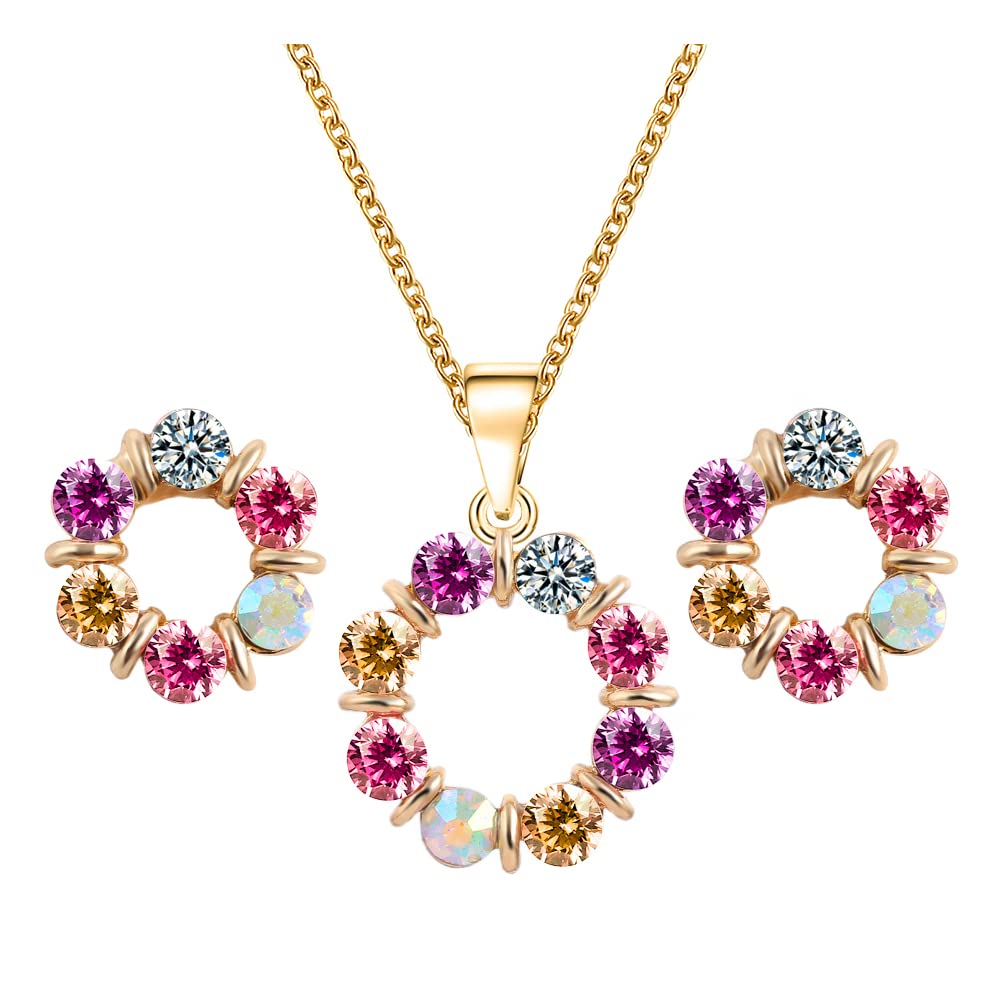 QKEPCY Conjuntos de Joyas Flores para Mujeres Cristales Colorido Redondo Juego de joyas Collar y Pendientes Conjuntos Novia Boda Joyería para Mujeres y Niñas