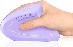 Lekvey Ergonomic Mouse, Vertical Wireless Mouse, Rechargeable 2.4G Optical Carpal Tunnel Mice with USB Receiver: 1000/1200 / 1600 DPI, 6 Buttons, for Laptop, Computer, PC, Desktop, Light Purple