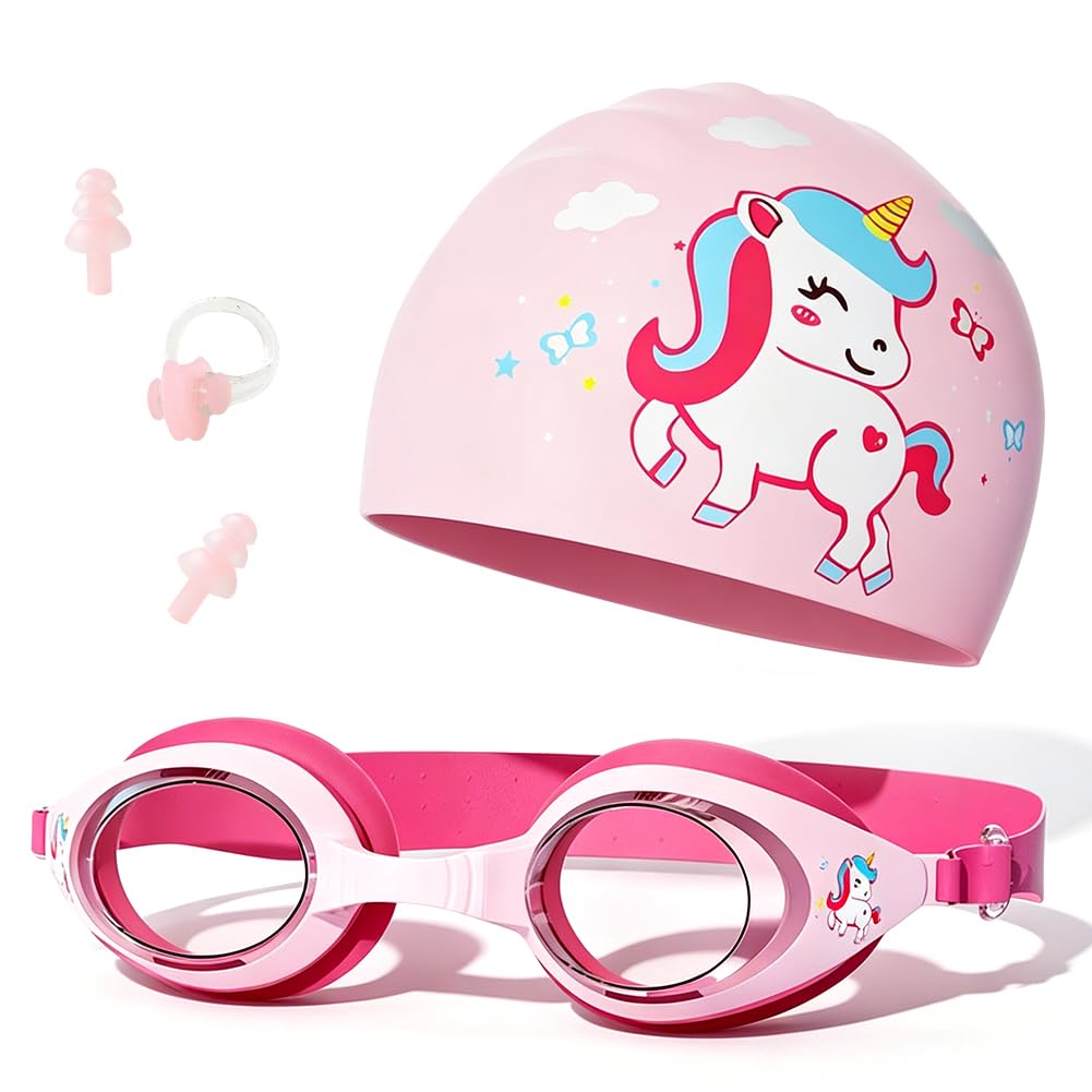 5 Pcs Unicorn Kids Swimming Cap, Stretchable Swim Cap Adjustable Goggles Nose Clip & Earplugs, Swimming Sets for Children Teens (Unicorn)