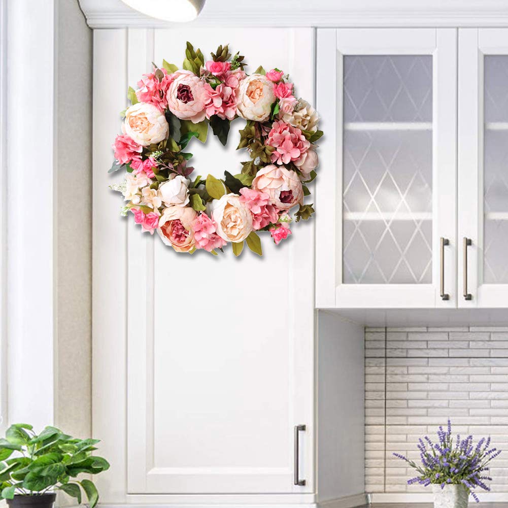 Künstlicher Kranz mit Blumen und Blätter,Dekorativer Wandkranz Türkranz Eukalyptus Künstlich Kunstpflanzen Pflanzengirlande Deko Frühling für Hochzeit Haustür Fenster Kamin Wanddekoration,PPfingstrose