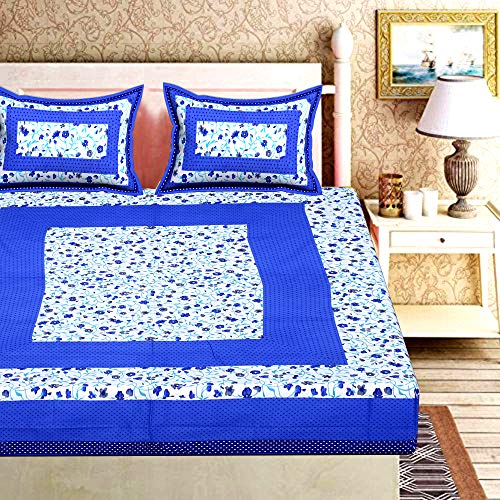 Image of RajasthaniKart Pure 100% Cotton Double Bed Sheet with 2 Pillow Covers (Bedsheet for Double Bed Cotton, Blue Bindiya Jaipuri, King Size,5219)