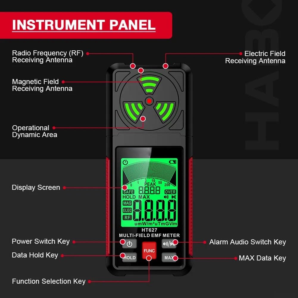 Medidor EMF multifuncional, detecta WiFi, señales 5G y radiación electromagnética de electrodomésticos con pantalla LCD transparente