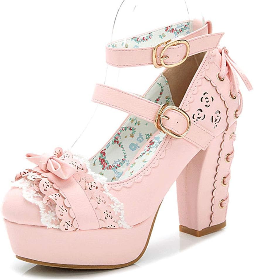 Japanese Style Sweet Bow Lace Princess Lolita Shoes Lace-up High Heel Buckle Strap Thick Platform Pumps Pink