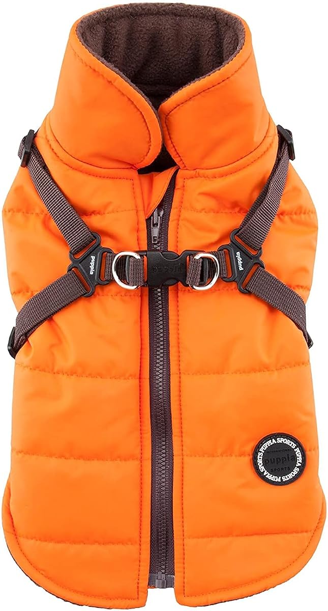 Puppia Mountaineer Winter Dog Coat with integrated harness No Pull Cold Weather Waterproof Warm Fleece Back Zipper for Small & Medium Dog, ORANGE, Medium