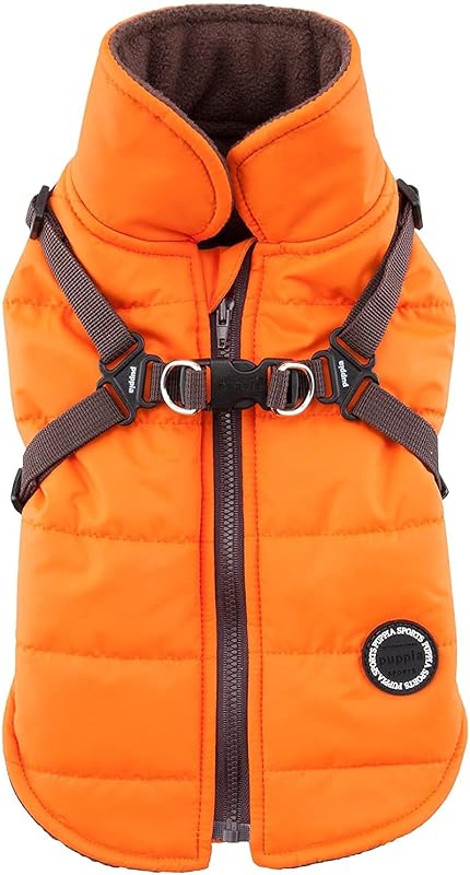Puppia Mountaineer Winter Dog Coat with integrated harness No Pull Cold Weather Waterproof Warm Fleece Back Zipper for Small & Medium Dog, ORANGE, Medium