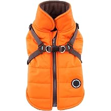 Puppia Mountaineer Winter Dog Coat with integrated harness No Pull Cold Weather Waterproof Warm Fleece Back Zipper for Small & Medium Dog, ORANGE, Large