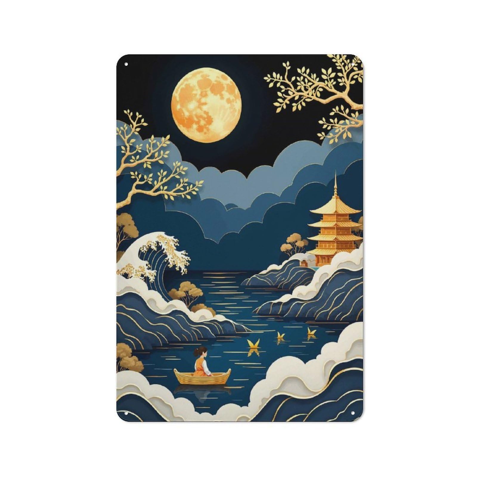 Junmoney Japanese Moonlit Landscape Metal Wall Sign 30X20cm Featuring For Workshop Wall, For Makers And Diy Enthusiasts