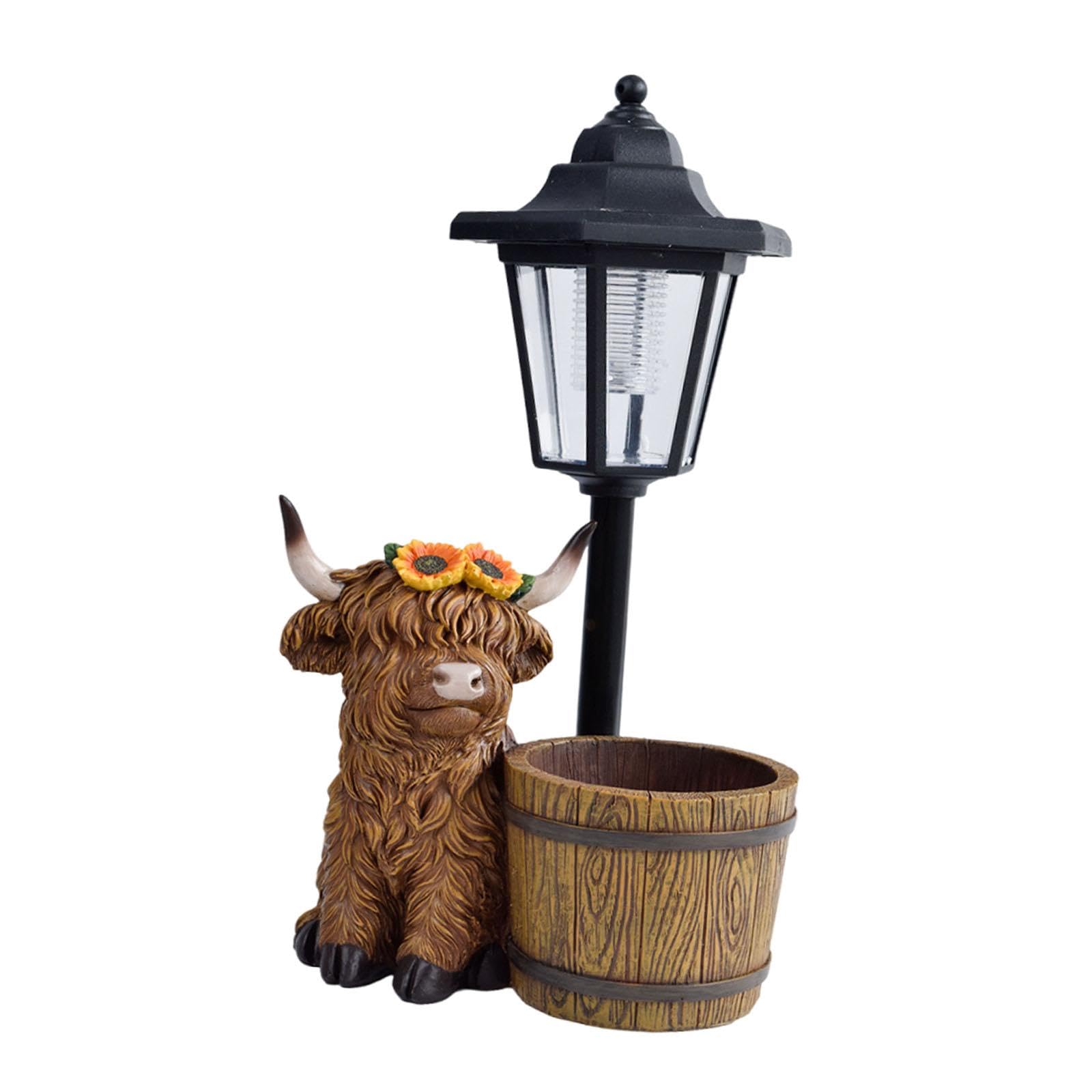 Statua Decorativa di Mucca con Luci Solari, Lampada da Giardino Moderna, Scultura Animale per Cortile, Cortile E Giardino, Secchio di Legno