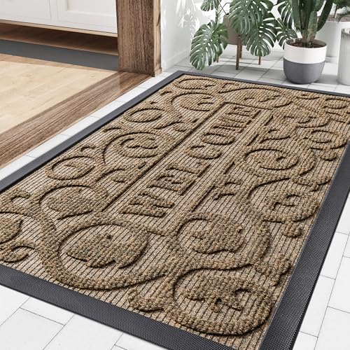 Image of Smiry Welcome Door Mat Outside Entrance, Heavy Duty Trap Dirt and Moisture Easy Clean Low Profile Patio Porch Indoor Outdoor Front Doormat for Entry, 35x23 Inch, Brown