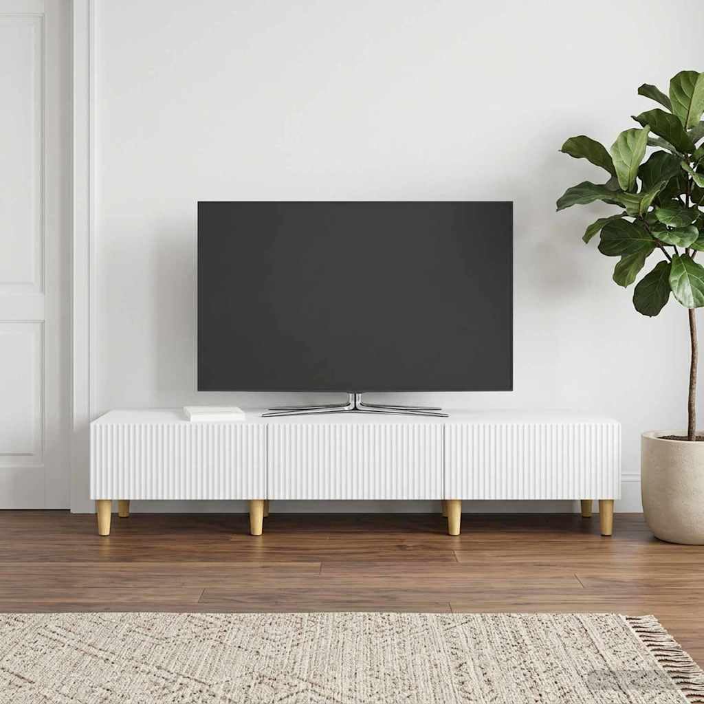 Mobile TV basso con 3 cassetti, bianco, 147 x 34,5 x 30 cm, in legno, mobile multimediale per TV, home theater, passacavi, spazio per ricevitori, altoparlanti