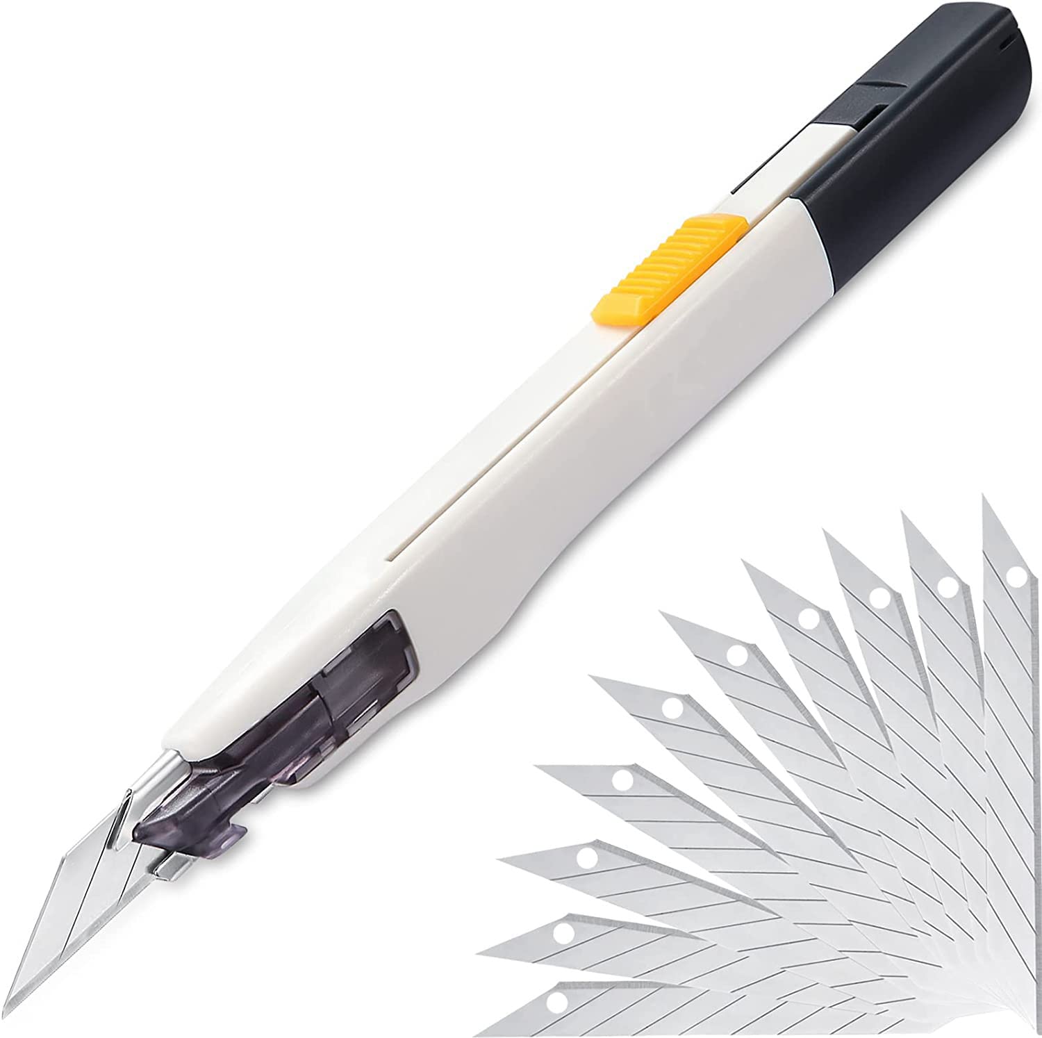 SYOSI Utility Knife,Portable Box Cutter, Fine Point Arts and Crafts Blade for Precision Cutting, with 10 Blade Pieces (White, 1 Cutter 10 Blades)