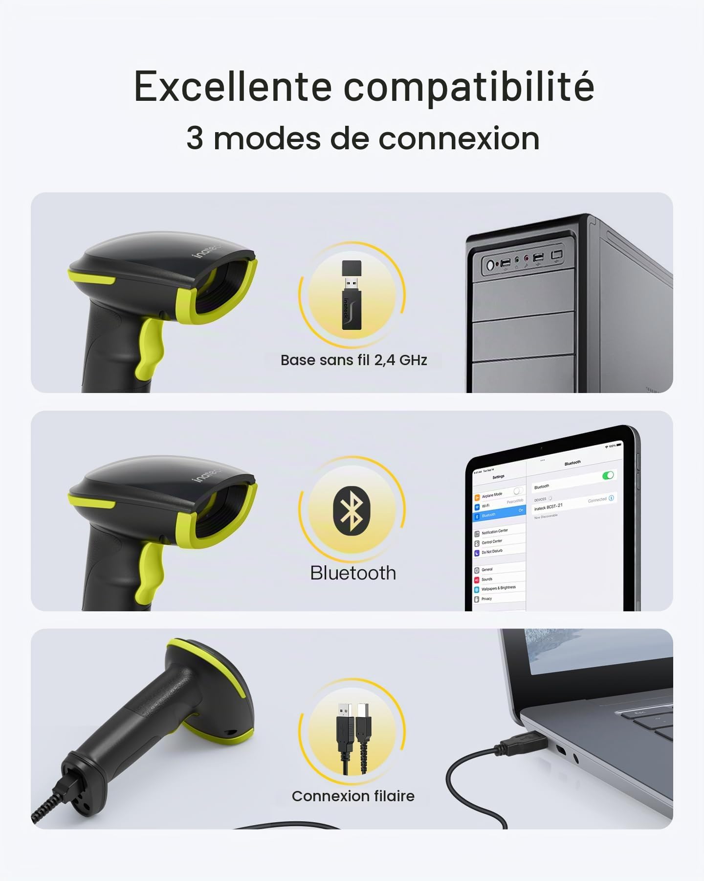 Inateck 2D Douchette Code Barre avec Support, Lecteur Code Barre sans Fil avec APP et SDK, Scanette QR avec Batterie 2600mAh, BCST-35, Vert